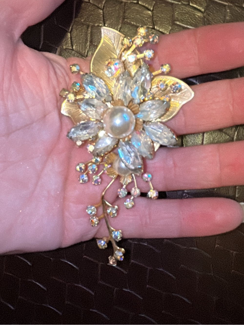 Vintage Gold Floral Brooch with Pearlescent Center and AB rhinestones and Clear